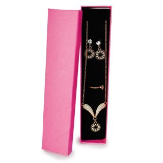 Collar Largo De Metal Cadena Dorada Con Dije Y Aretes Circulo Negro Pedrería Estuche Rosa 21 Cm | ZXQ03973