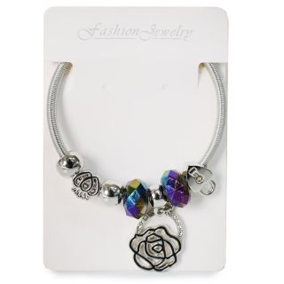 Pulsera De Metal Resorte En Color Plateado Con Línea De Figuras Piedras Y Dije 6.5 Cm | XQ-43-585