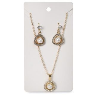 Collar Largo De Acero Cadena Dorada Con Dije Cubierto De Pedrería Y Perla Al Centro Aretes 13 Cm | HG26E-85