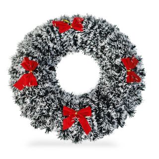 Corona Grande De Plástico Navideña Decorativa Color Verde Con Nieve Blanca Y Moños Rojos 37 Cm | WD-1036