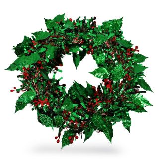 Corona Mediana De Plástico Navideña Decorativa En Color Verde Metalizada Con Rojo 30 Cm | WD-1036D
