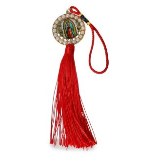 Llavero De Metal Grande Circular Con Figura Religiosa Cubierta Perlas Y Borla De Hilo 20 Cm | KUN-5476