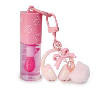 Lip Gloss Mar Angel Hidratante Con Glitter Rosa Envase Con Dije Audífonos Y Pompón 8 Cm | A1332