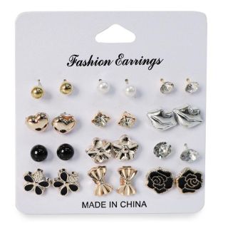 Aretes Chicos De Metal Figuras En Color Dorado Y Negro Con Perlas Blíster 12 Pares 9 Cm | XQ-43-605