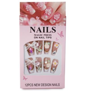 Uñas Postizas Largas En Puntas Con Brillos Piedras Y Figuras De Colores Caja Rosa 13.8 Cm | XQ-44-627