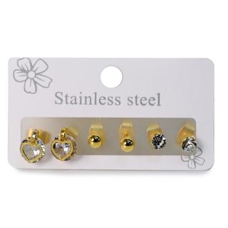 Aretes Chicos De Acero Inoxidable En Color Dorado Piedras Perlas Y Figuras Blíster 3 Pares 5.5 Cm | XQ-44-640