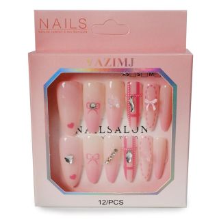 Uñas Postizas Largas En Punta Estampadas En Colores Con Pedrería Figuras Caja Rosa 10 Cm | HM26I-132
