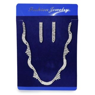Collar Corto De Metal Plateado Delgado Con Líneas De Pedrería Y Aretes Largos Blíster Azul 17 Cm | G-358-168-6