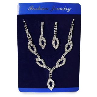 Collar Corto De Metal Plateado Delgado Con Figuras Ovaladas De Pedrería Y Aretes Largos Blíster Azul 17 Cm | G-358-168-6