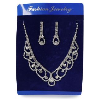Collar Corto De Metal Plateado Delgado Con Línea Círculos De Pedrería Y Aretes Largos Blíster Azul 17 Cm | G-358-168-6