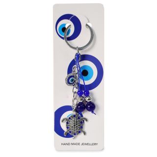 Llavero Grande De Metal Ojo Turco Con Dijes De Metal Plateados Con Figuras Azules 11.5 Cm | XQ-46-748