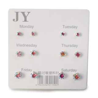Aretes Chicos De Acero Fantasia Con Piedras Cuadradas En Blíster Con 6 Pares 7 Cm | XQ-46-751