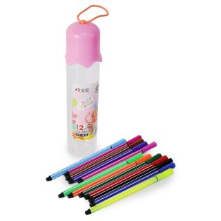 Plumines Escolares Delgados De Colores En Bote Transparente Con Tapa Rosa 12 Plumines 15.5 Cm | JH-P1017