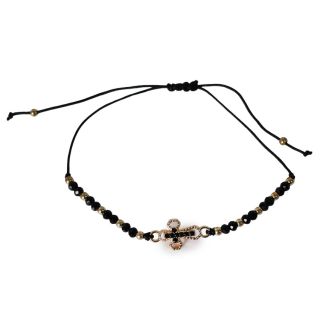 Pulsera Delgada De Hilo Ajustable Con Línea De Piedras Y Cruz Color Negro Modelos 9 Cm | YZ-F-14