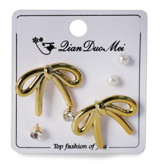 Aretes Chicos Y Largos Metalizados En Color Dorado Y Plateado Moños Blíster 3 Pares 5 Cm | YZ-F-43