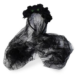 Diadema De Plástico Grande Con Línea De Flores Negras Con Y Velo Red 13 Cm | YZ-E-4