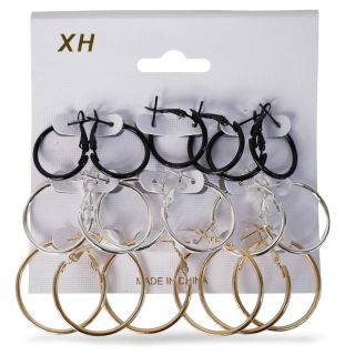 Aretes 9 Pares De Arracadas De Metal En Color Dorado Plateado Y Negro Blíster Blanco 10 Cm | XH8233