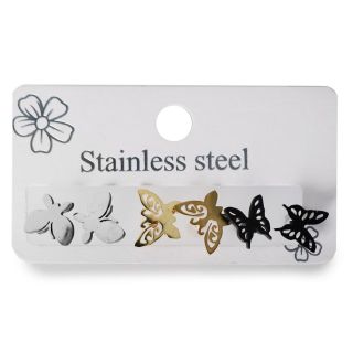 Aretes Chicos De Acero Inoxidable Mariposas En Color Dorado Plateado Y Negro 3 Pares 5.5 Cm | XH8240