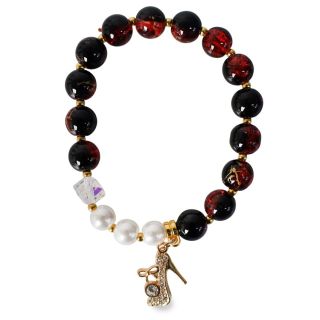 Pulsera Elástica Con Línea De Perlas Oscuras De Colores y Dije Dorado Cubierto Pedrería 9 Cm | XH8290