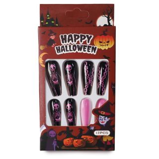 Uñas Postizas Largas Happy Halloween Estampadas Monstruos Varios Colores Caja Roja 11.5 Cm | 24V-8