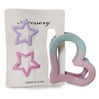 Pinza Grande De Plástico Figura Corazón Bicolor Con Par De Cucas Metal Estrellas En Blíster 9 Cm | XQ-46-716