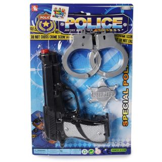 Pistola De Plástico Policia Larga 9 mm Con Placa Y Esposas En Blíster Azul 31.5 Cm | JM00924