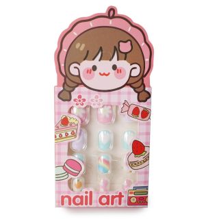 Uñas Postizas Cortas Cuadradas Infantiles Estampadas En Caja Rosa Muñeca Postres 8.5 Cm | HZJ-518