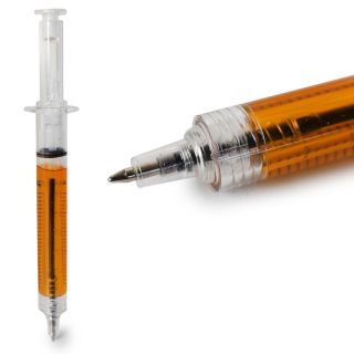 Pluma Escolar Tinta Negra Punta Delgada En Envase Transparente Jeringa Naranja 13 Cm | JH-P1054