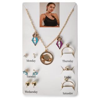 Collar Corto De Metal Cadena Delgada Con 3 Dijes Anillos Y Aretes Con Pedrería En Blíster 15 Cm | ZXQ04922