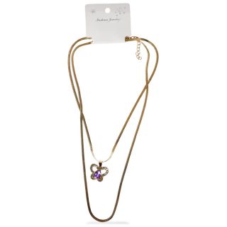 Collar De Metal Plano Doble En Color Dorado Grabado Líneas Con Dije Figura Con Pedrería 23 Cm | ZXQ04931