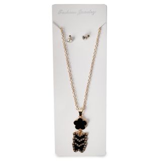 Collar Corto De Metal Cadena Delgada Con Doble Dije Colgante Negro Pedrería Y Aretes 17 Cm | ZXQ05092