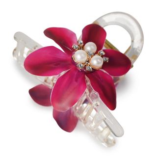 Pinza Grande De Plástico Transparente Ovalada Con Flores De Tela Y Centro De Perlas 8 Cm | ZXQ05002