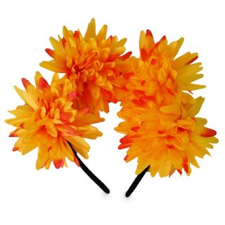 Diadema De Plástico Con Forro Terciopelo Negro Y Flores Cempasúchil De Tela Grandes 13 Cm | HM26M-110