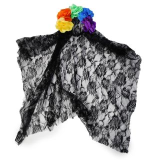 Diadema Grande De Plástico Con Velo Catrina Negro Red Y Flores De Colores Decorativas 13 Cm | HM26M-111