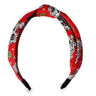 Diadema De Plástico Ancha En Color Negro Forro De Tela Estampada Día De Muertos Nudo 13 Cm | HM23T-29