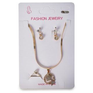 Collar De Metal Plano En Color Dorado Con Dije Cubierto De Pedrería Aretes Y Anillo 14 Cm | ZXQ04918