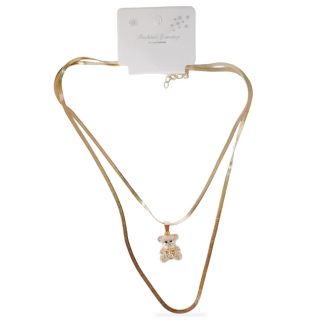 Collar Doble De Metal Plano Grueso Con Dije Dorado Figuras Cubiertas De Pedrería Plata 23 Cm | ZXQ04930