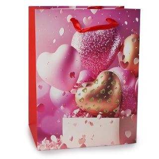 Bolsa Para Regalo Mediana Estampada Corazones 3D Cubiertos Glitter Colores Rosa 24 x 18 Cm | JA-Q-862