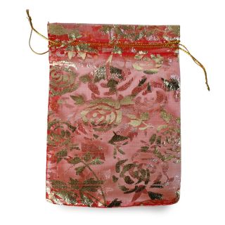 Bolsa De Organza Mini De Red En Color Rojo Con Flores Metalizadas Doradas De 12.5 x 9 Cm | JA-Q-728