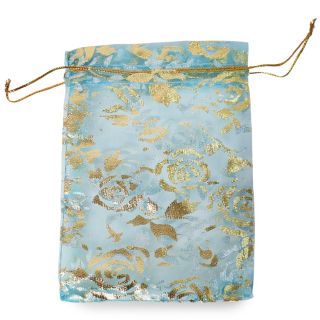 Bolsa De Organza Mini De Red En Color Azul Con Flores Metalizadas Doradas De 12.5 x 9 Cm | JA-Q-728