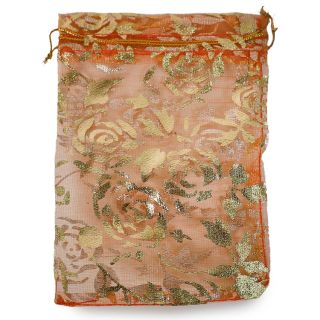 Bolsa De Organza Mini De Red En Color Naranja Con Flores Metalizadas Doradas De 12.5 x 9 Cm | JA-Q-728