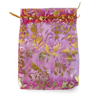 Bolsa De Organza Mini De Red En Color Fiusha Con Flores Metalizadas Doradas De 12.5 x 9 Cm | JA-Q-728