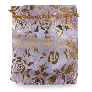 Bolsa De Organza Mini De Red En Color Morado Con Flores Metalizadas Doradas De 12.5 x 9 Cm | JA-Q-728