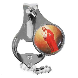 Cortaúñas Grande De Metal Plateado Ovalado Con Destapador Y Lima Figuras Religiosas 6.5 Cm | SY-0005