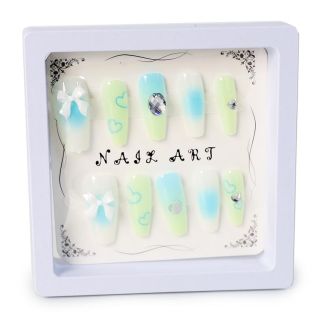 Uñas Postizas Largas En Punta Bicolor Con Figuras y Pedrería Estuche Blanco 10 Uñas 9 Cm | XQ-49-871