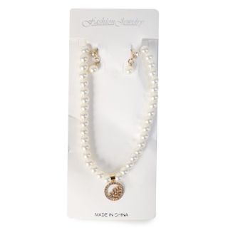 Collar Corto Con Línea De Perlas Y Dije De Metal Cubierto De Pedrería Y Aretes Doble 19 Cm | XQ-49-885
