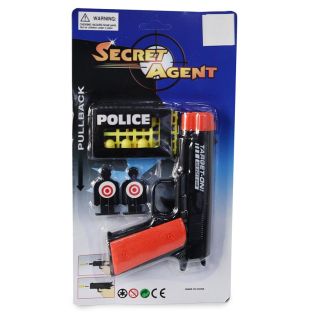 Pistola De Plástico Policia En Color Negro Naranja Lanzadora De Dardos Y Blancos 29 Cm | CH-0005