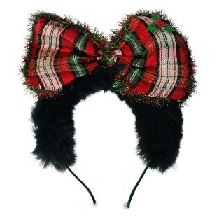 Diadema De Metal Con Forro De Peluche Y Moño Navideño Cuadriculado Con Escarcha 19 Cm | 8404 Miss Tiara