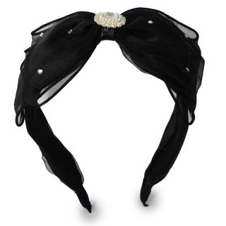 Diadema De Metal Con Forro De Tela Ancha Organza Con Triple Moño Negro Y Piedra 14 Cm | 3032 Miss Tiara
