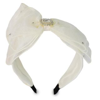 Diadema De Metal Con Forro De Tela Ancha Organza Con Triple Moño Beige Y Piedra 14 Cm | 3032 Miss Tiara